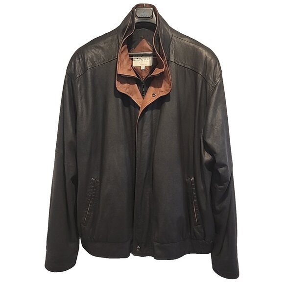 $1895 REMY Leather 52L long Mens Double Collar Bomber Jacket Black brown coat - Picture 1 of 11
